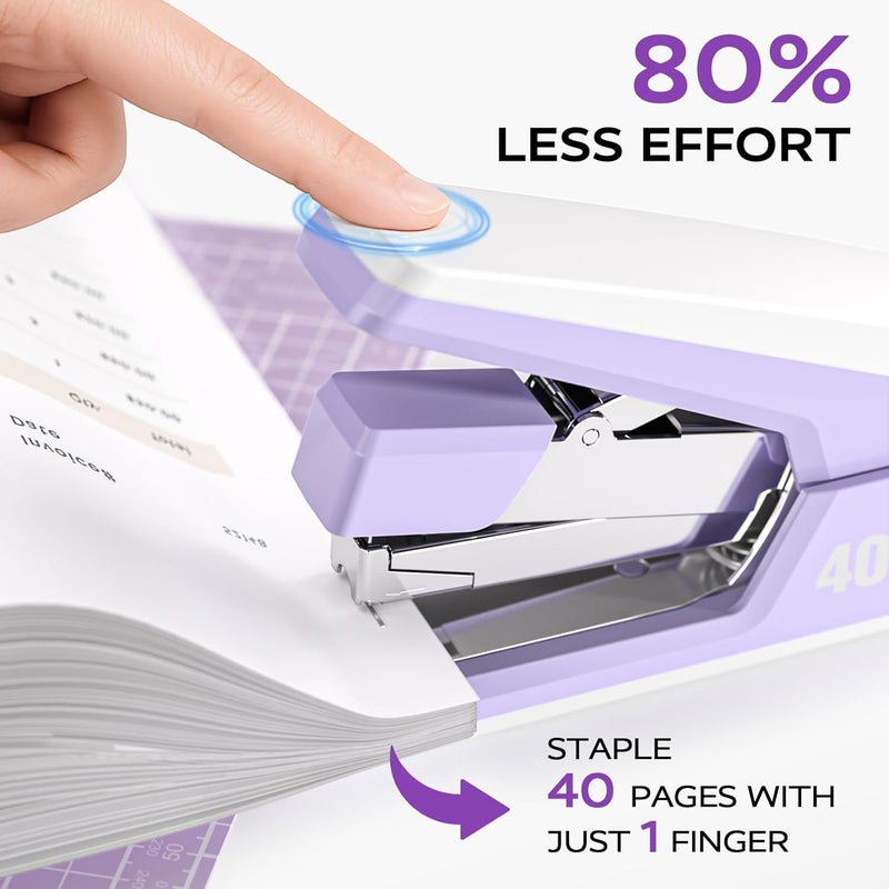 Mars-Rock Effortless Stapler for Desk with 40-50 Sheet Capacity, 2000 Staples, 1-Touch Stapling, Ergonomic & Easy to Load Desktop Staplers, Heavy Duty Stapler, and Magnetic Staple Remover, Purple - Image 2